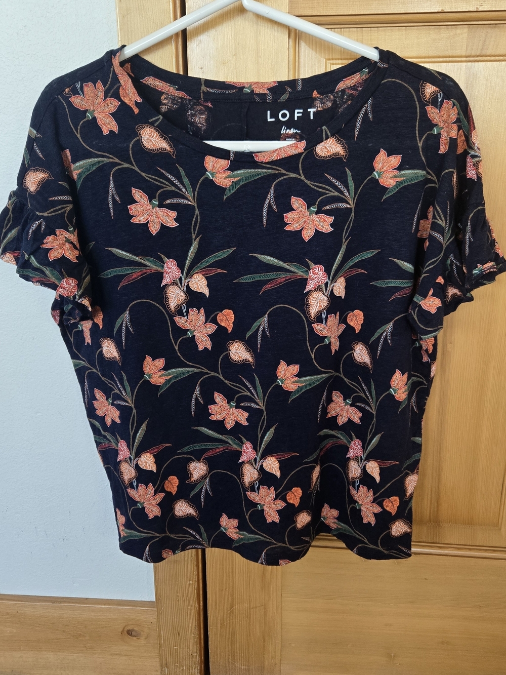 LOFT Linen Navy Short-Sleeve Tee with Orange Floral Print
